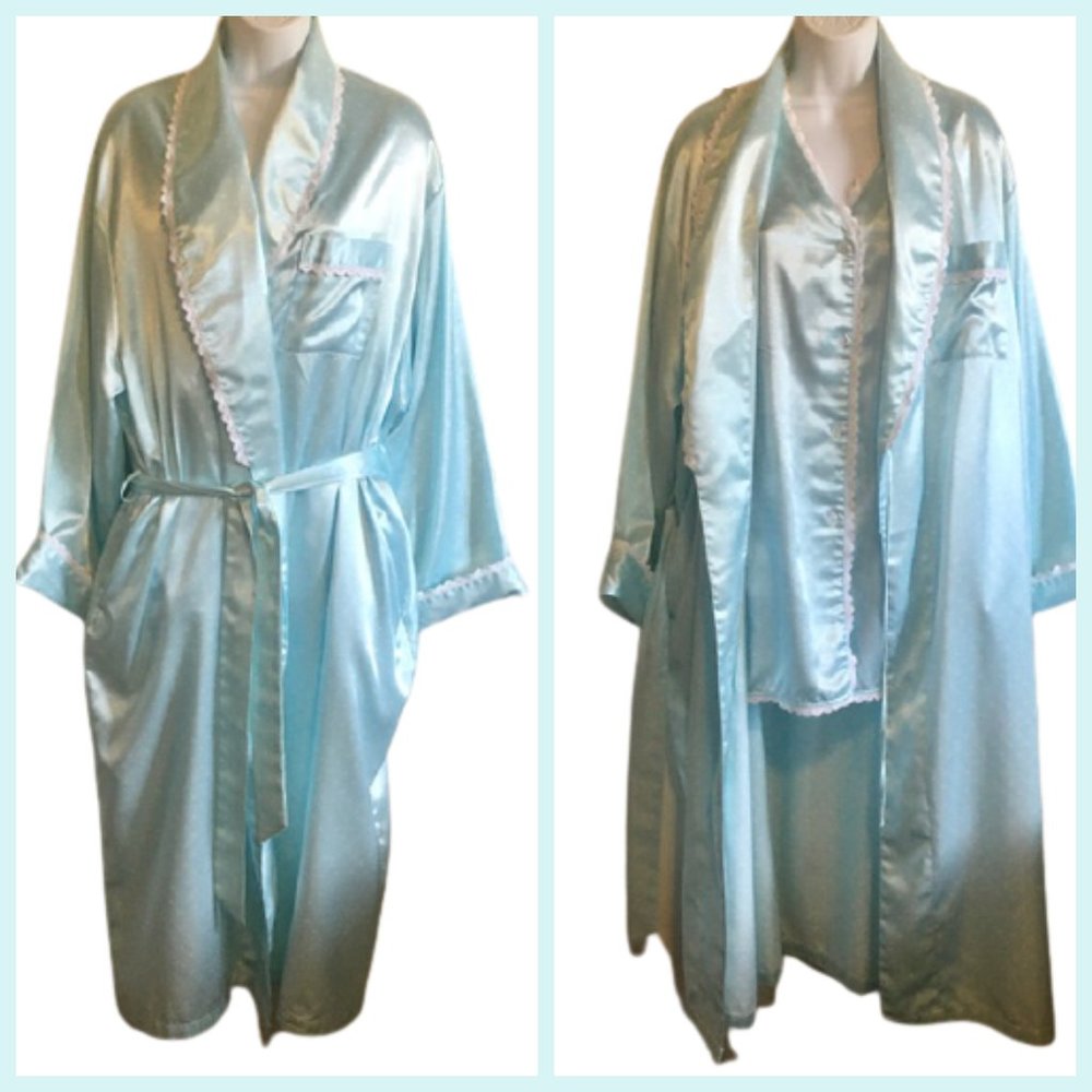 Go Softly Robe Nightshirt Set Aqua White Polka Dot Belted Large